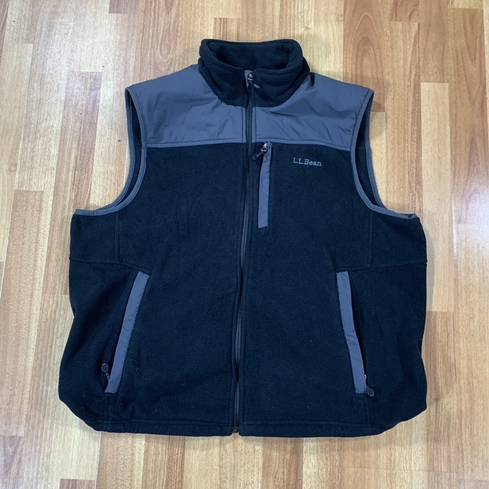 LL Bean Mens Large Black Gray Fleece Lined Full Zip Vest 0JMW8